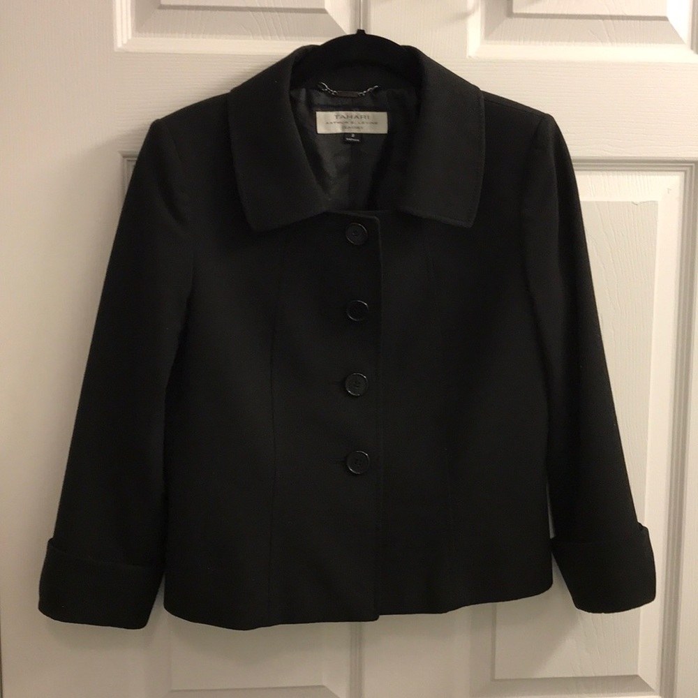 Three-quarter length black suit jacket